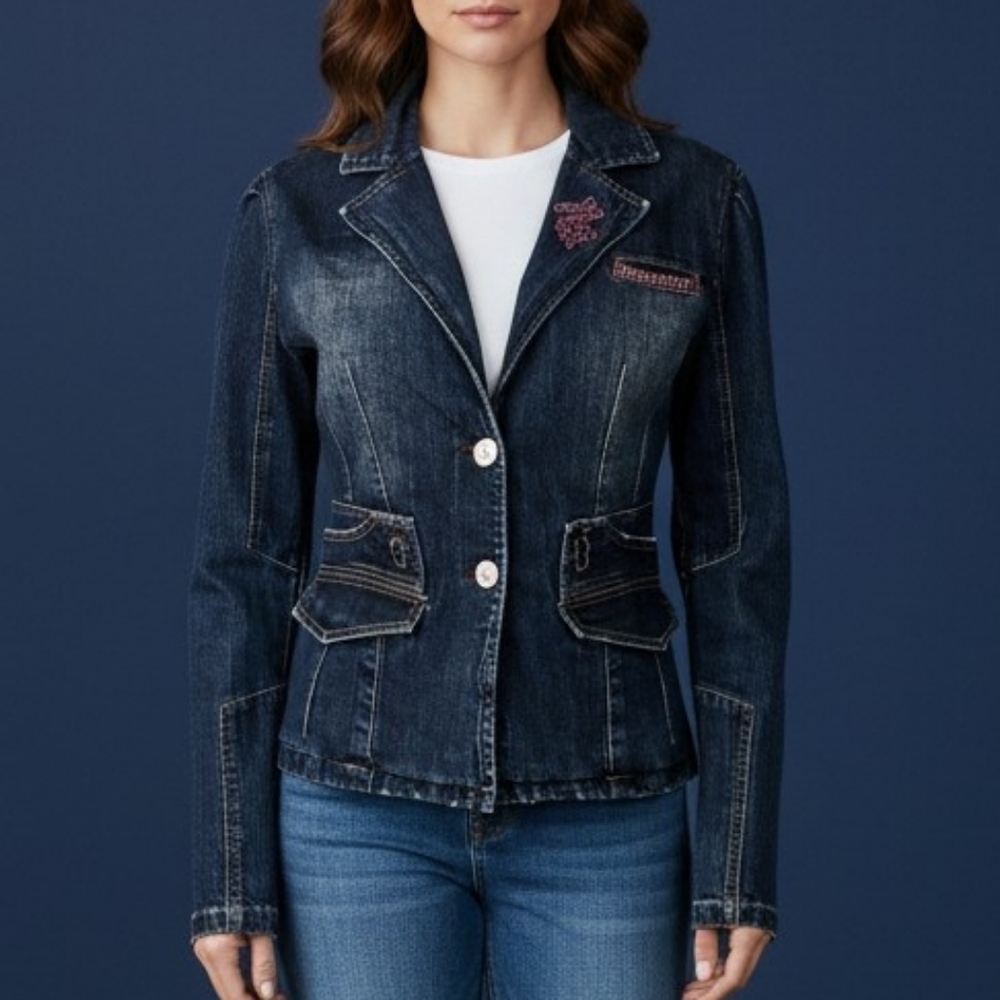 ROCAWEAR Distressed Denim Pink Bedazzled Glam Rock Jean Jacket